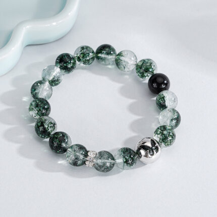 Green Phantom Crystal Bracelet with Silver Butterfly and Silver Sheen Obsidian
