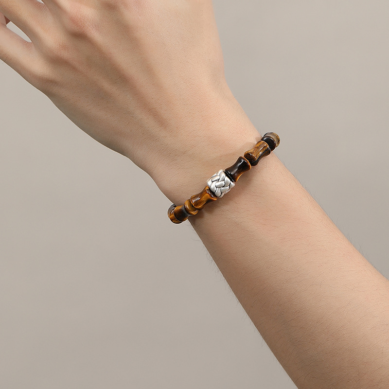 Tiger Eye bamboo joint bracelet specifications, 15 beads, S925 silver ornament, product detail measurement reference