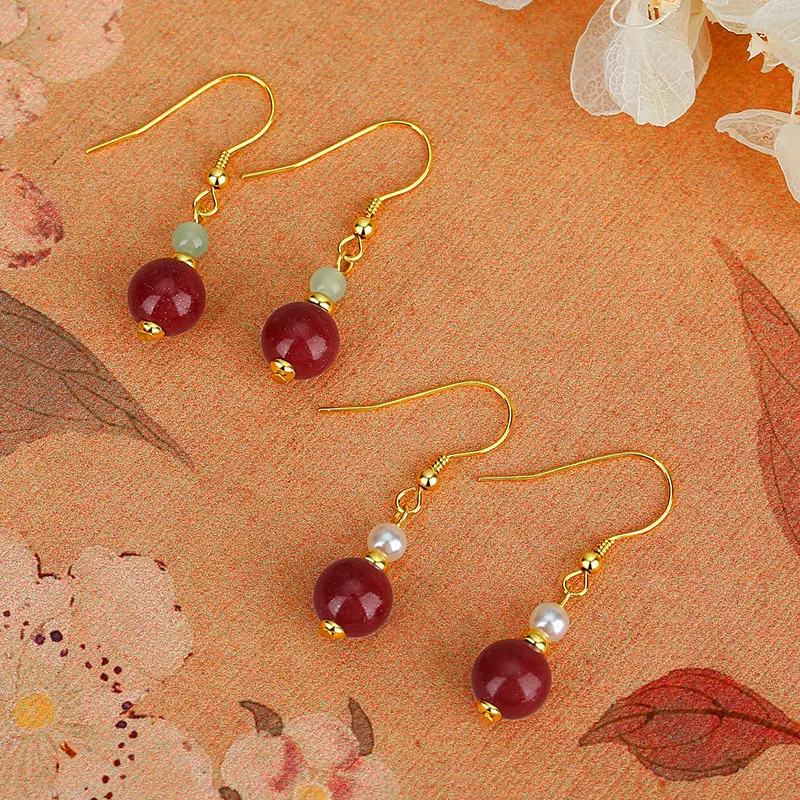 8mm Cinnabar Oriental Style Drop Earrings