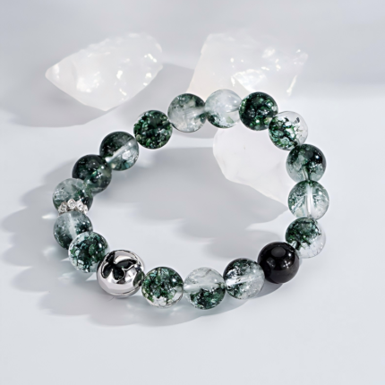 Close-up of 10mm Green Phantom Crystal Beads on Elastic Bracelet