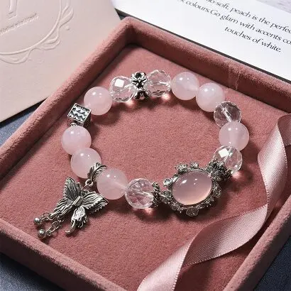 Natural Rose Quartz White Crystal Bead Bracelet with Alloy Butterfly Charm