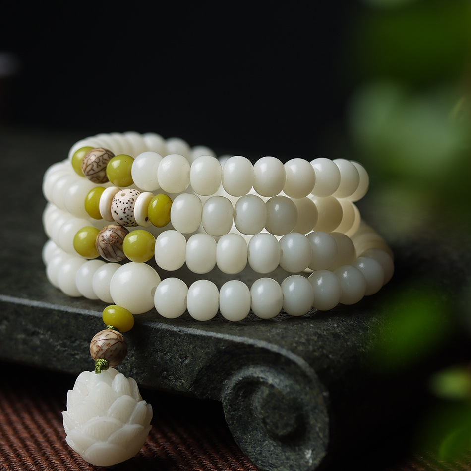 Natural 108 bodhi seeds mala bracelet, white jade prayer beads for meditation and calm