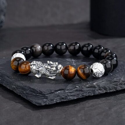 Obsidian Tiger Eye Bracelet with S925 Silver Pixiu, hypoallergenic, friendly for sensitive skin