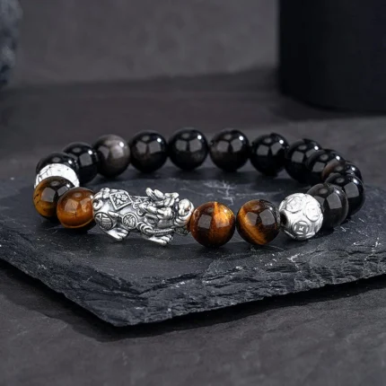 Obsidian Tiger Eye Bracelet with S925 Silver Pixiu, hypoallergenic, friendly for sensitive skin