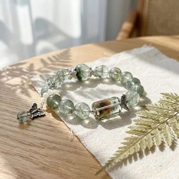 Green Phantom Bracelet with S925 Silver Butterfly and Bird Charms