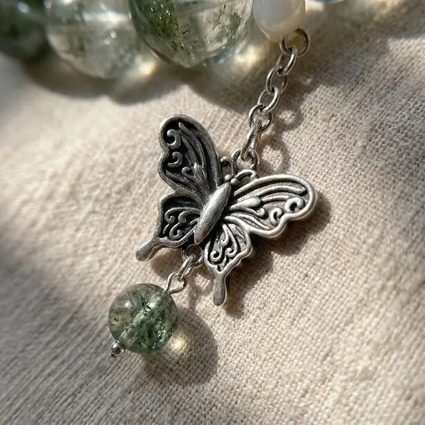 Green Phantom Bracelet with S925 Silver Butterfly and Bird Charms