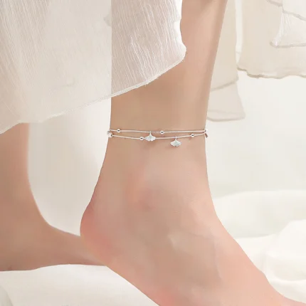  Ginkgo Leaf Design Love Blessing Silver Anklet