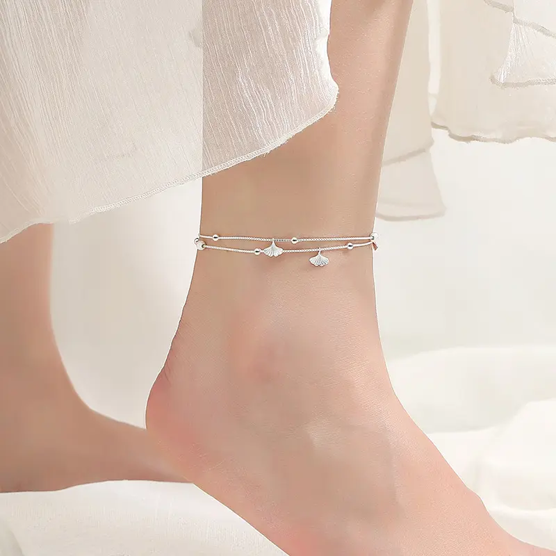  Ginkgo Leaf Design Love Blessing Silver Anklet