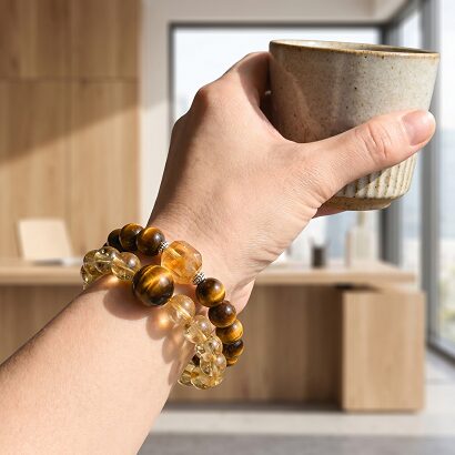 Gemstone Bead Detail of Tiger Eye & Yellow Citrine Phantom Quartz