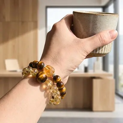 Gemstone Bead Detail of Tiger Eye & Yellow Citrine Phantom Quartz