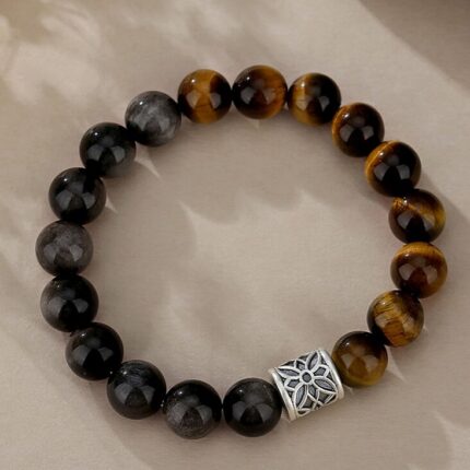 Obsidian Tiger Eye Bracelet with S925 Silver Lotus, hypoallergenic, friendly for sensitive skin