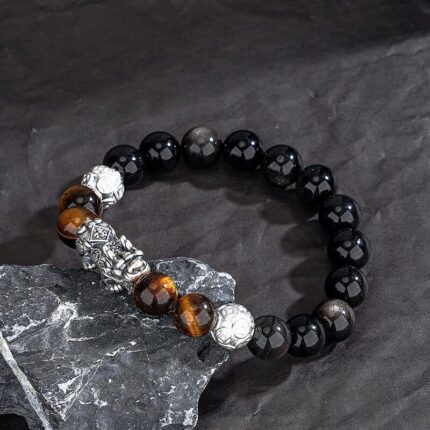 Obsidian Tiger Eye Bracelet with S925 Silver Pixiu, hypoallergenic, friendly for sensitive skin