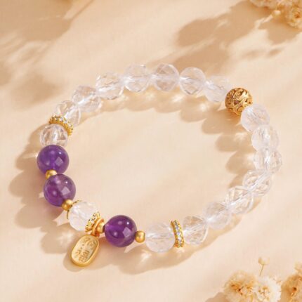 Calming white quartz and amethyst bracelet with S925 silver wealth charm