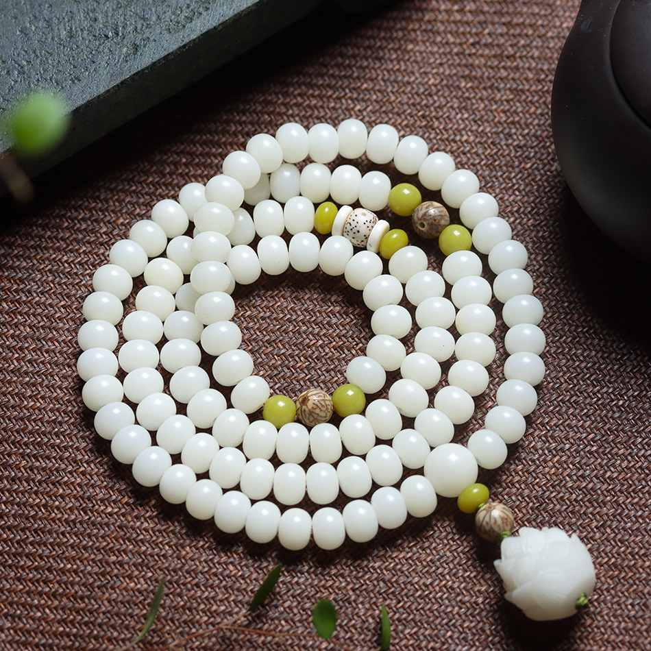 Natural 108 bodhi seeds mala bracelet, white jade prayer beads for meditation and calm