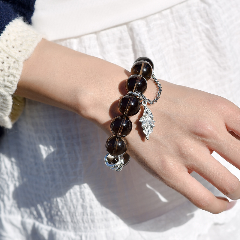 Natural tea quartz bracelet 15-16mm with clear quartz and alloy leaf tassel