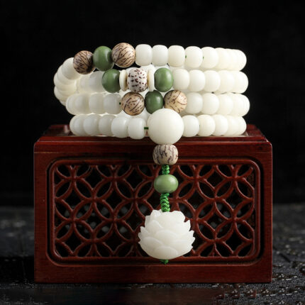 Natural 108 bodhi seeds mala bracelet, white jade prayer beads for meditation and calm