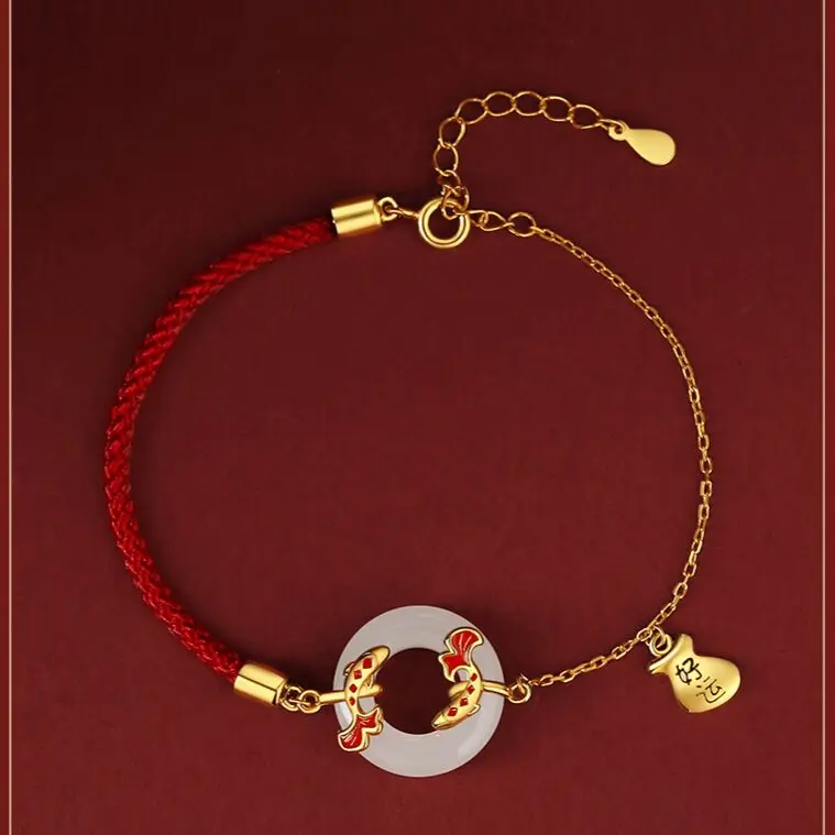 1. Blessed Luck S999 Silver Koi White Agate Peace Lock Bracelet