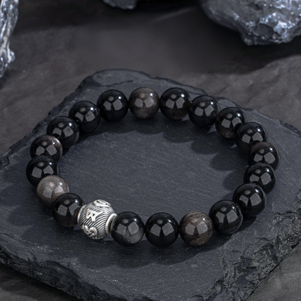 Polished Black Obsidian beaded bracelet with S925 silver Om Mani Padme Hum spacer, deep jet black volcanic glass beads, minimalist protection jewelry