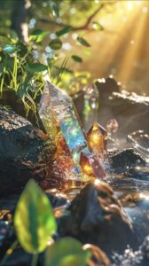 A cool-toned multi gem stretch bracelet in grey-blue and white, featuring hawk's eye, aquamarine, blue tiger's eye, and moonstone beads arranged in a closed circle on a dark background.